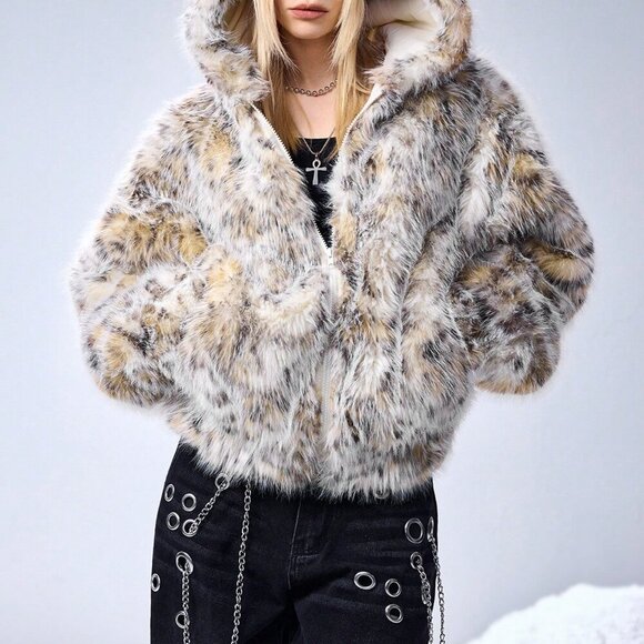 Multicolor Casual Women's Grunge Punk Ombre Polka Dot Faux Fur Hooded Cardigan - Picture 7 of 8